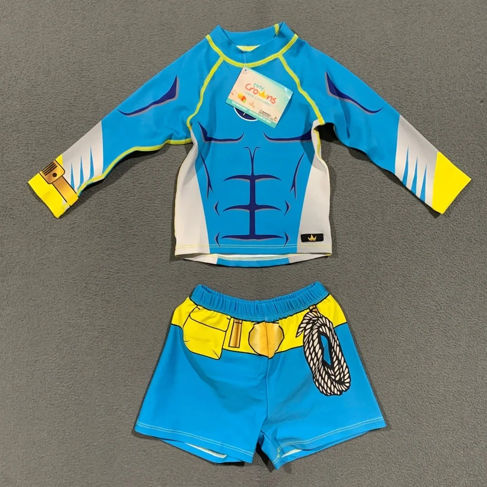Tiny Crowns Superhero Rash Guard Swim Set Kids 2T Blue Muscle Print UPF 50+